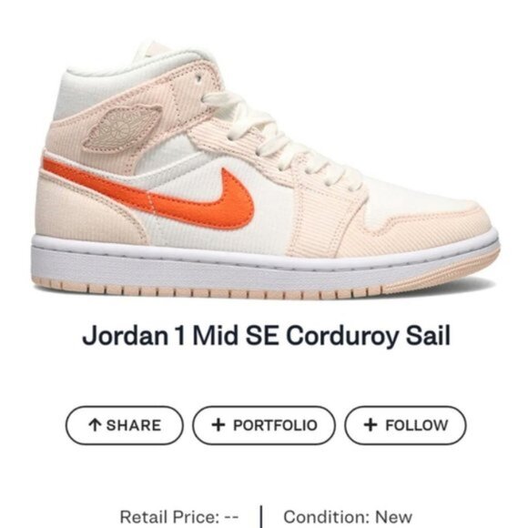 Women's Air Jordan 1 Mid Corduroy Sail Sneakers - Size 10.5 Shoes - Picture 3 of 12